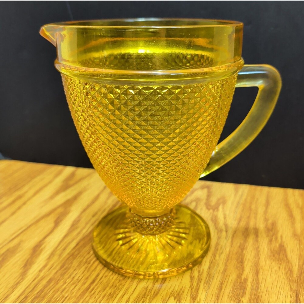 Vintage Style Amber Yellow Glass Pitcher Diamond Honeycomb Pattern Pedestal 8.5"